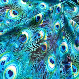 Exotic Peacock Blue Feathers Print Nylon Spandex 4-Way Stretch Fabric I 60&quot; Width sold By the Yard I Swimsuit, Dancewear, Sportwear, Dress I