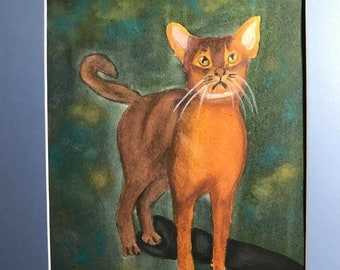 Regal Abyssinian Cat, a 9" x 12" Original Watercolor of a Beautiful Abyssinian Cat, Unframed
