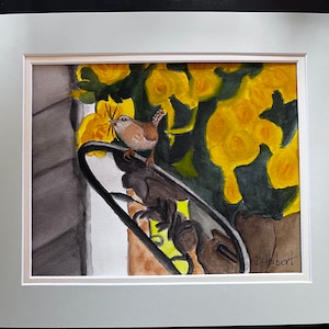 Carolina Wren, Original Watercolor Painting, Carolina Wren Nest Builder, Yellow Plantar, Ladies gift, Wren Lovers, Bird Lovers, matted