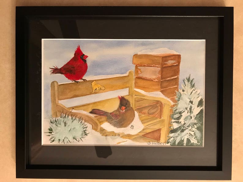 Framed and Matted a 9 x 11 Original Watercolor of two Cardinals Resting on a Snowy Bench Cardinal/'s Winter Resting Place