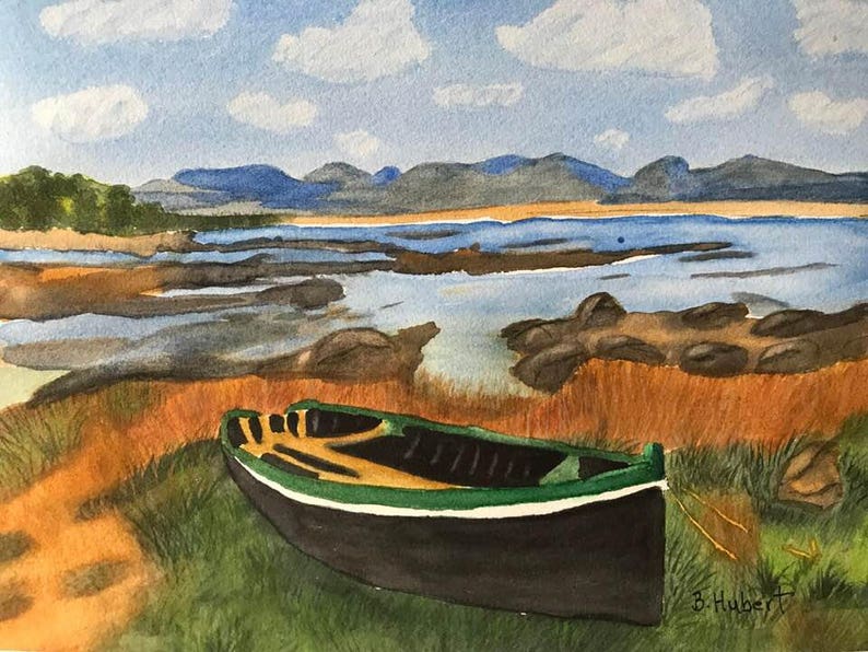 Safe Harbor Framed /& Matted with Calm Water and Rowboat a 9 x 12 Original Watercolor Scripture Painting