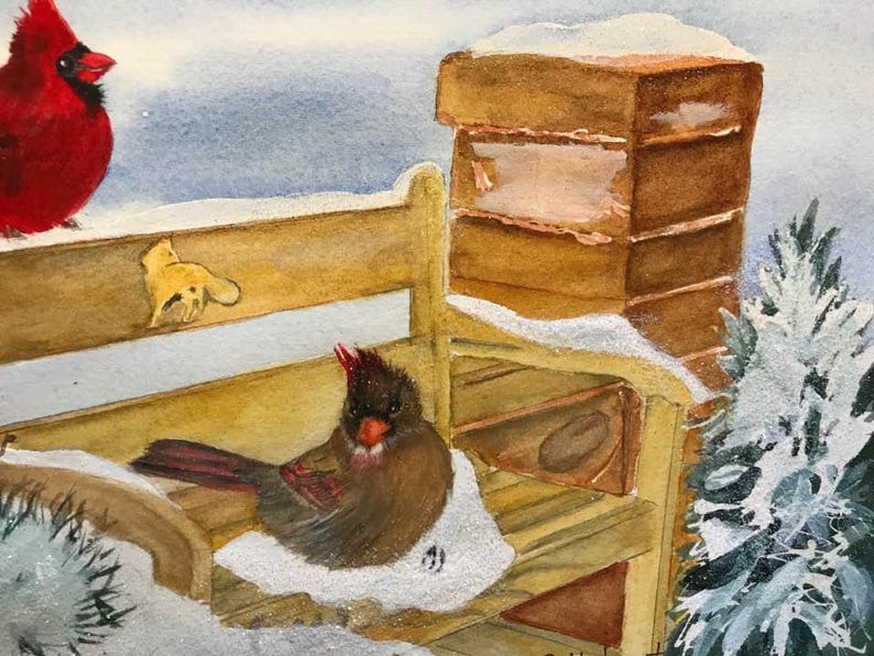 Framed and Matted a 9 x 11 Original Watercolor of two Cardinals Resting on a Snowy Bench Cardinal/'s Winter Resting Place