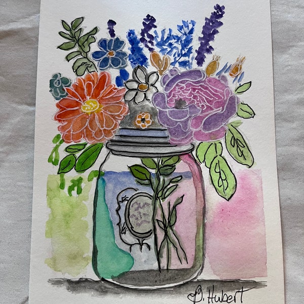 Fresh Flowers in Mason Jar #2 Handpainted Watercolor 5” X 7”  Notecard, Frame it or Send it, Envelope Included