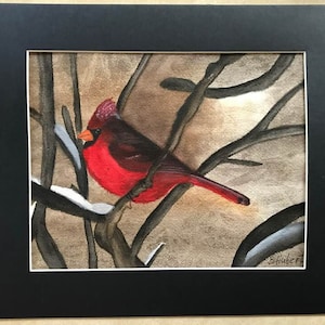 Winter Storm Male Cardinal, is a 9&quot; x 12&quot; Original Watercolor from my own photo of a Male Cardinal during a Winter Storm, Matted