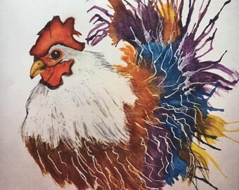 May include: Watercolor painting of a rooster with a vibrant, abstract tail. The rooster has a red comb and wattle, a white chest, and brown and orange feathers. The tail features blue, purple, and yellow paint splatters. Signed "B. Hubert".
