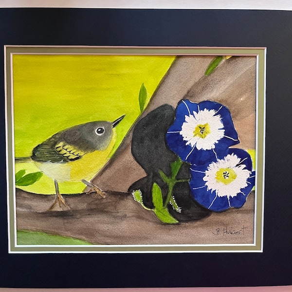Curios Warbler & Petunias a 9” X 12” Original Watercolor painting double matted | Bright Blue Petunias| Sweet Yellow and Black Bird| Warbler