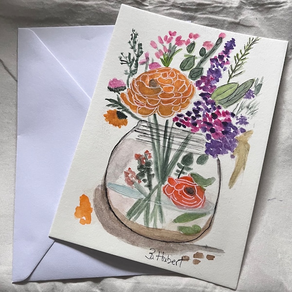 Fresh Flowers in Mason Jar #3  Handpainted Watercolor 5” X 7”  Notecard, Frame it or Send it, Envelope Included