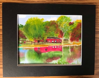 Reflections of a Horse Ranch, is an Original 9” x 12” Watercolor Landscape of Ranch , Lake and Reflections, Unframed