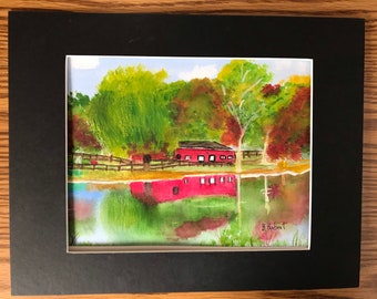 Original Horse Ranch Watercolor Painting, Lake Reflection, 9x12, Unframed