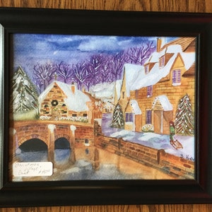 Christmas Village, a 11&quot; x 14&quot; Digital Print of my Watercolor Painting of a Christmas Village Covered in Snow, Framed