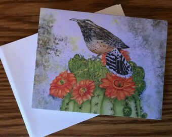 Arizona Wren on Flowering Cactus, a set of (5), 4 1/2" x 5 1/2" Blank Note Cards with Matching White Envelopes