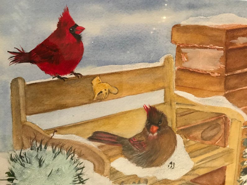 Framed and Matted a 9 x 11 Original Watercolor of two Cardinals Resting on a Snowy Bench Cardinal/'s Winter Resting Place