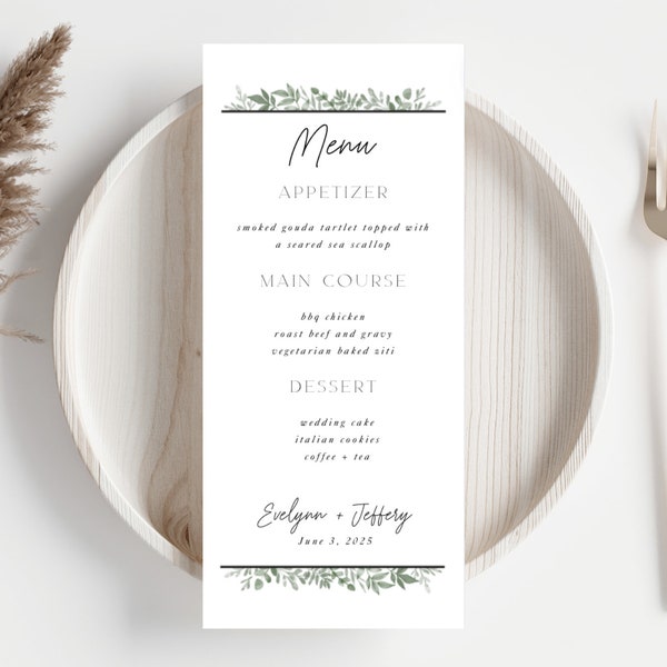 Botanical Garden Wedding Menu Template, Printable Wedding Menu, Water Color Greenery Menu