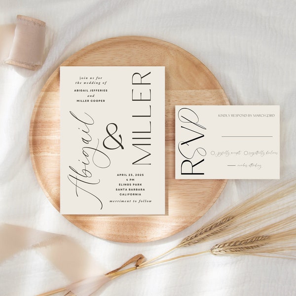 Modern Tilt Wedding Invitation Suite Template, Printable Wedding Invitation Suite, Bold Typographic Invitation Suite