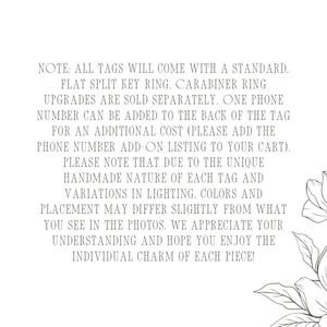 May include: Text on a white background, including details about key rings, upgrades, and adding a phone number to tags. A floral illustration is in the bottom right corner.