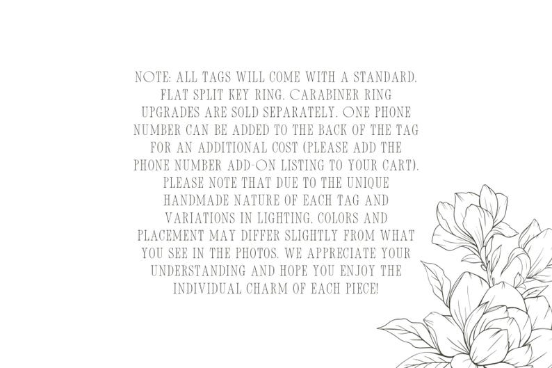 May include: Text on a white background, including details about key rings, upgrades, and adding a phone number to tags. A floral illustration is in the bottom right corner.