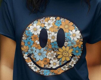 Boho Floral Retro Smile Face PNG: Vintage T-Shirt Sublimation Graphics (Digital Download)