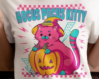 Hocus Pocus Kitty PNG, Witch Cat Pumpkin Halloween Sublimation, Pink Neon Kawaii Shirt Design
