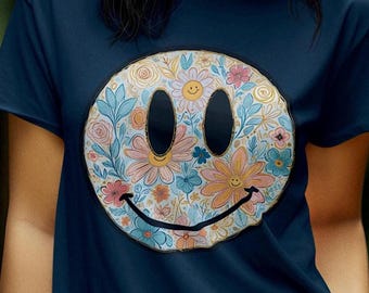 Retro Groovy Floral Smiley Face PNG: Colorful Daisy Flowers Sublimation Design (Digital Download)