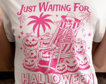 Just Waiting For Halloween PNG, Spooky Summer Skeleton Sublimation, Summerween Vintage Pumpkin Funny Design