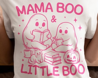 Mama Boo & Little Boo PNG, Bookish Halloween Ghost Reading Sublimation, Mom Book Lover Shirt