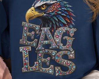Eagles PNG: Rhinestone Glitter Faux Embroidery, School Spirit Mascot Sublimation Design (Digital Download)