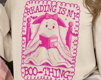 Reading My Boo Thing PNG, Coquette Bookish Halloween Ghost Sublimation, Book Lover Shirt Design