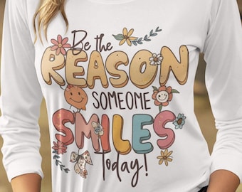 Be The Reason Someone Smiles Today PNG, Mental Health PNG, ADHD Positive Quotes, Digital Download, Groovy Text Flowers Retro Doodle Dots png