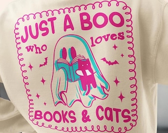Just a Boo Who Loves Books & Cats PNG, Halloween Ghost Sublimation, Bookish Cat Lover Shirt