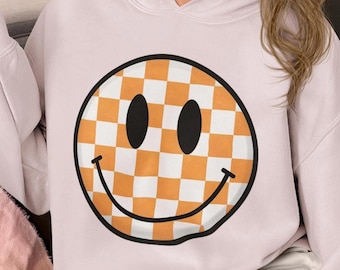 Vintage Boho Smiley Face PNG - Checkered Orange Sublimation Design (Digital Download)