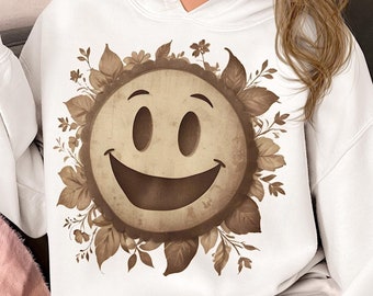 Smiley rétro PNG : Happy Floral Emoji Clipart pour sublimation de chemises (téléchargement numérique, 300 dpi)