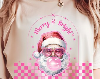 Pink Santa Christmas PNG: Merry & Bright Coquette Checkered Sublimation Design Files (Digital Download)
