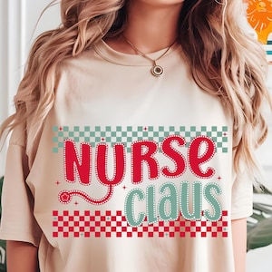 Nurse Claus Christmas PNG, Merry Christmas png, Christmas Nurse PNG Retro Nurse Medical Worker Xmas Gift, Sublimation Checkered Broadway PNG