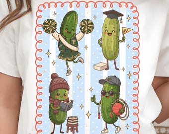 Back To School Pickle PNG Bundle, Kawaii Sublimation Clipart, Cheerleader Graduate Student Shirt Design