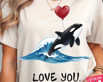 Ozeantier Valentine PNG, Orca-Wal mit Herz-Ballon-Illustration für Hemden-Aufkleber