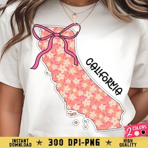 May include: White t-shirt featuring a pink outline of California filled with a floral pattern. A pink bow adorns the top, with the word "California" in black. The bottom of the shirt has the text "INSTANT DOWNLOAD 300 DPI-PNG HIGH QUALITY".