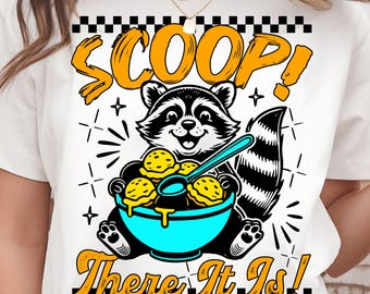 Mapache con helado y bola de helado de verano PNG: Diseño divertido para sublimación de camisetas infantiles (descarga digital)