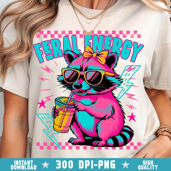 Feral Girl Summer PNG: Pink Raccoon Beach Shirt Sublimation Design (Digital Download, 4500x5400px)