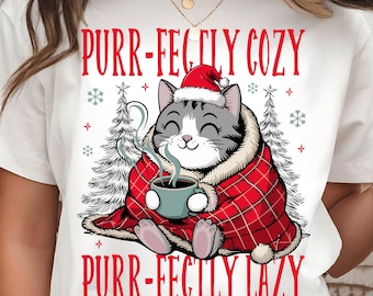 Cozy Christmas Cat PNG: Holiday Coffee Mug Clipart Sublimation Design (Digital Download)
