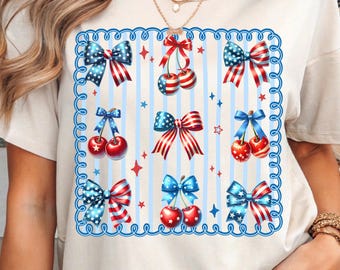 Patriotic Cherry & Bows PNG: Red White Blue 4th of July Sublimation Design (Digital Download)