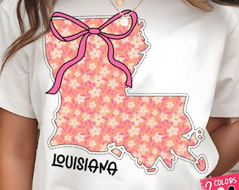 Louisiana US State PNG: Pink Bow, Floral Preppy Clipart Sublimation Design Files (Digital Download)
