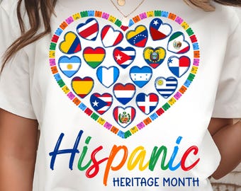 Hispanic Heritage Month Heart PNG: Latin American country flags Clipart Sublimation Design (Digital Download)