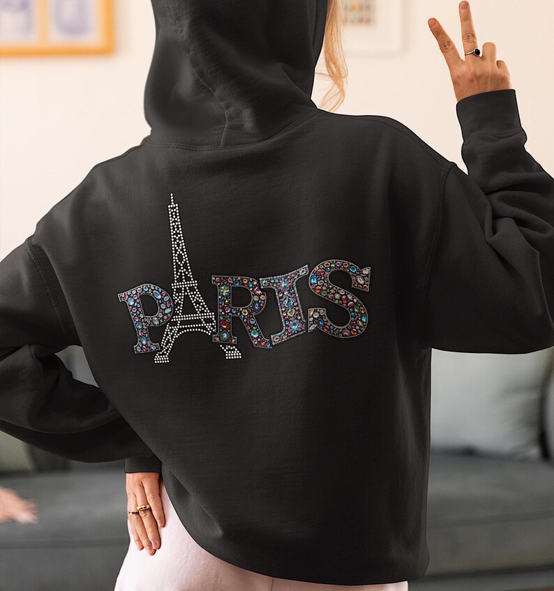 Bonjour Paris RHINESTONE Faux Embroidery png, Glittering Eiffel Tower Shirt png, Travelling DTF, Gift For Paris Lover png, City of Love PNG