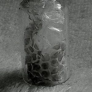 Peut inclure: Une bouteille en verre transparent avec un bouchon sombre et arrondi. La bouteille contient une substance texturée de couleur foncée. La bouteille est cylindrique avec une surface légèrement texturée. Le bouchon a un design décoratif et strié.