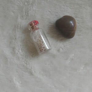 Op de afbeelding: Een kleine, heldere glazen fles met een rood gekleurde kurk, gevuld met een lichtgekleurde substantie, en een gladde, bruine, hartvormige steen. De items zijn geplaatst tegen een zachte, witte, getextureerde achtergrond.