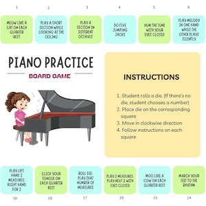 May include: Piano Practice board game with a cartoon illustration of a girl playing a grand piano. The game board has instructions and colorful squares with musical prompts like "Clap the Melody" and "Hum the Tune."