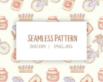 Pode incluir: Um padrão sem costura com ilustrações de bicicletas, potes de geleia, floreiras, envelopes com corações e flores. O texto "SEAMLESS PATTERN" é exibido, juntamente com "300 DPI | PNG, JPG". O design usa uma paleta de cores pastel.