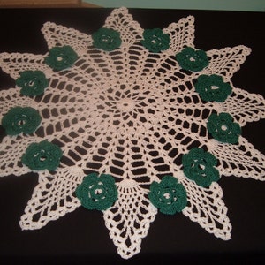 Crochet Doily White Pineapple  with Green Flowers