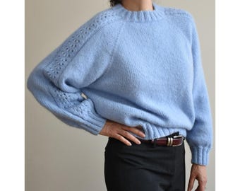 Knitting Pattern Blue Lace Sweater Pattern Top Down Knitting Worsted Weight Raglan Jumper Pattern Instant Download