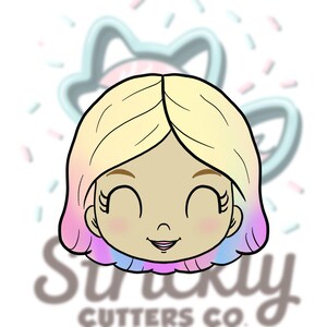 May include: A cartoon illustration of a smiling face with closed eyes and a small mouth. The face has blonde hair with pink and blue highlights. The image is a cookie cutter design with the text "Strictly Cutters Co."